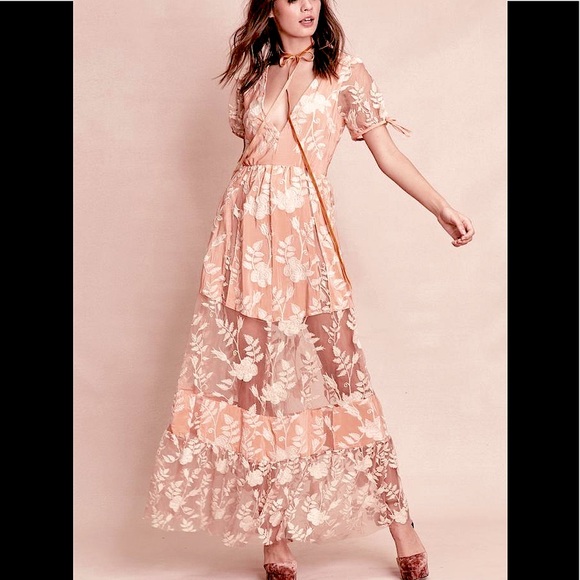 FOR LOVE & LEMONS MIA MAXI DRESS Lace Overlay Sheer Paneled Tie Detail Boho Chic - Picture 1 of 11
